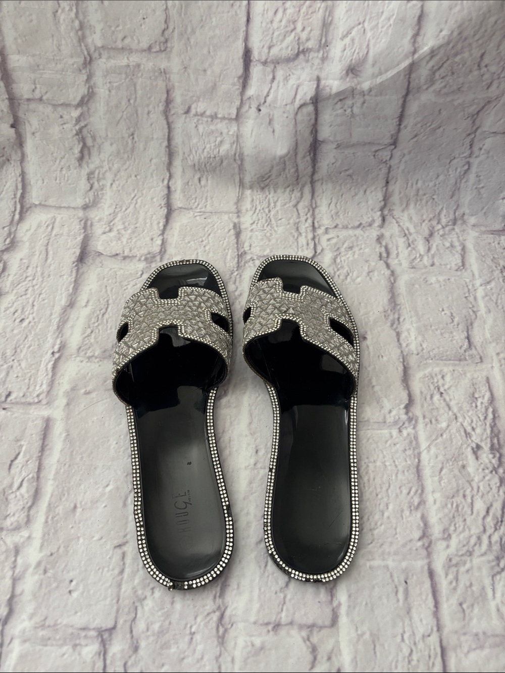 🔵H- ROUGE Black Slide Sandals with Rhinestone Trim - Picture 10 of 12